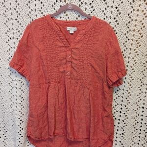 Coldwater Creek Smocked Short Sleeve Blouse in Orange and Pink